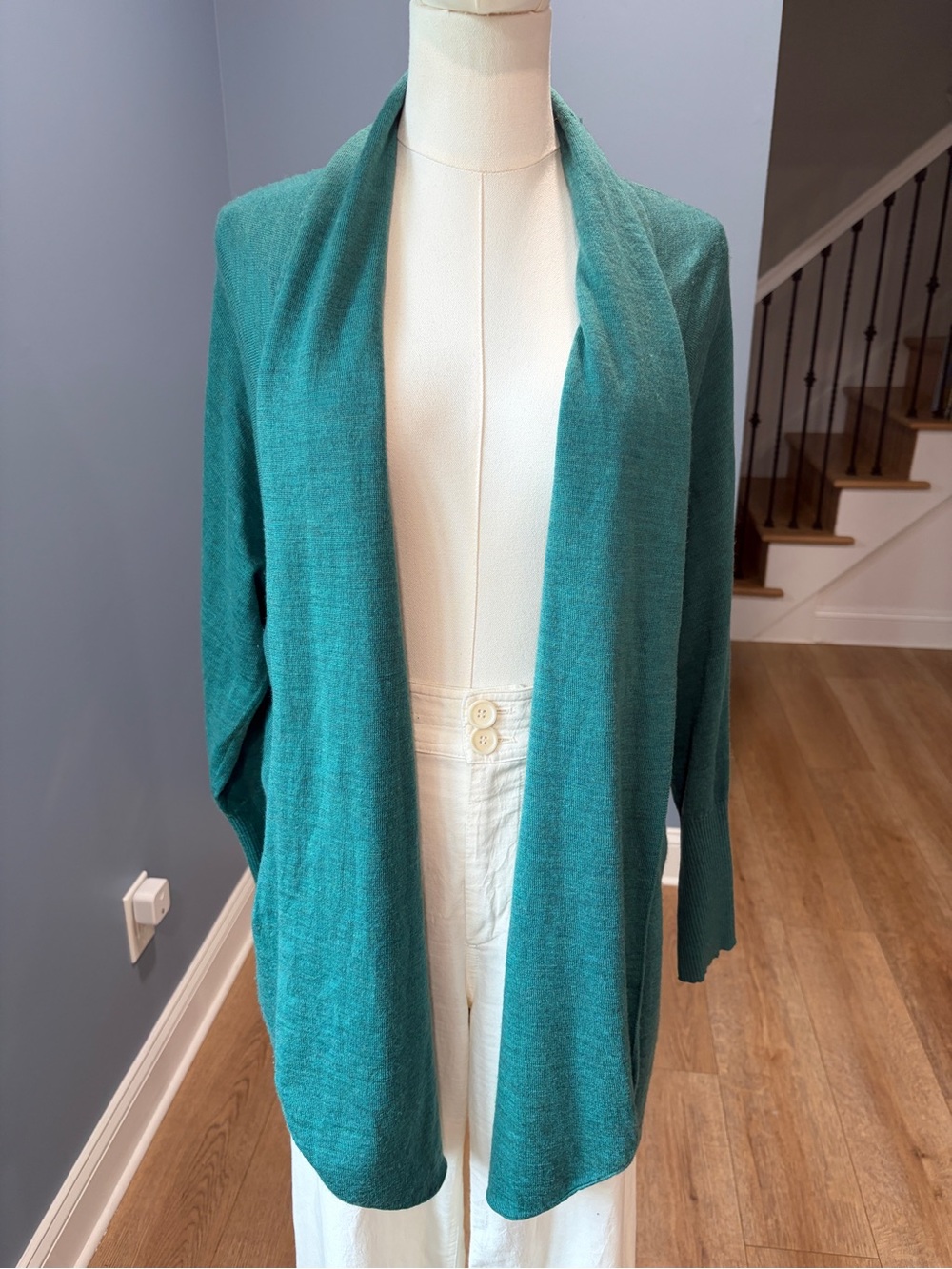 Eileen Fisher 100% Merino Wool Open Front Cardigan Teal Green S